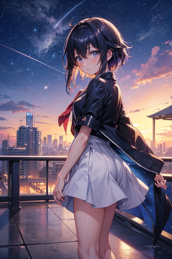 anime girl standing on rooftop looking at night sky with stars, anime wallpaper 4k, anime wallpaper 4 k, 4k anime wallpaper, anime art wallpaper 8 k, anime art wallpaper 4k, anime art wallpaper 4 k, anime style 4 k, makoto shinkai cyril rolando, 4 k manga wallpaper, anime wallpaper, amazing wallpaper, shooting stars
