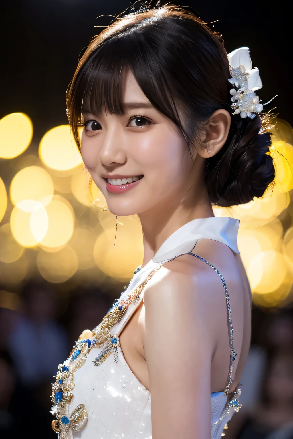 1 girl, (Wearing Japanese-style and contemporary design costumes:1.2), (Works by famous designers), (Many fancy decorations that are impractical), Very beautiful Japanese idol portraits,
(RAW Photos, highest quality), (Realistic, Realistic:1.4), (masterpiece),
Very delicate and beautiful, Very detailed, 2k wallpaper, wonderful, finely, Very detailed CG Unity 8K wallpaper, Very detailed, High resolution, Soft Light,
Beautiful detailed girl, Very detailed目と顔, Beautiful and sophisticated nose, Finely beautiful eyes, Cinema Lighting,
(Participating in a fashion show:1.3),
(Medium Hair),
Complete Anatomy, Slender body, Small breasts, smile