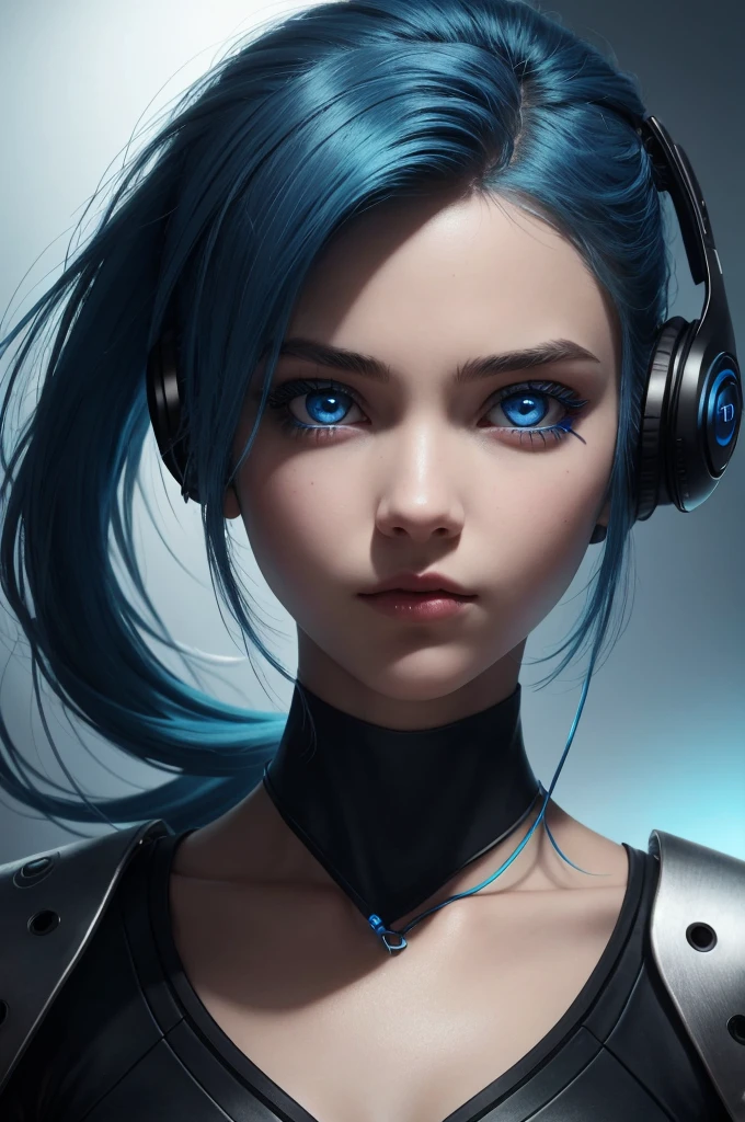 Girl with blue hair, blue eyes, futuristic vibe, Wear a mask on your mouth, earphone, 8K, high quality, Simple background, Glowing eyes, Beautiful posture