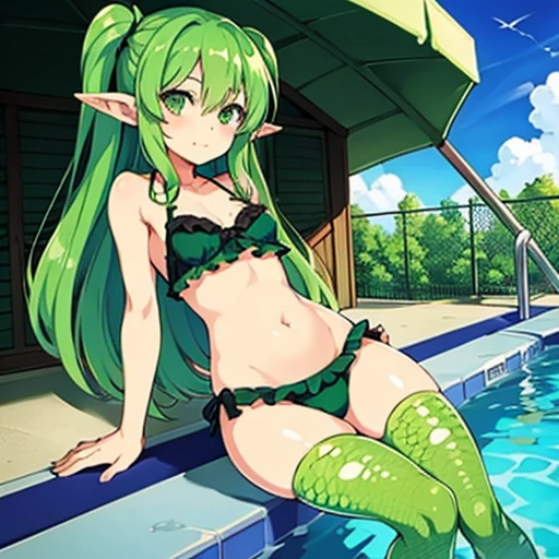 Girl, green hair, long hair, green scales on thigh, frilled ears, bikini, pool, small ,