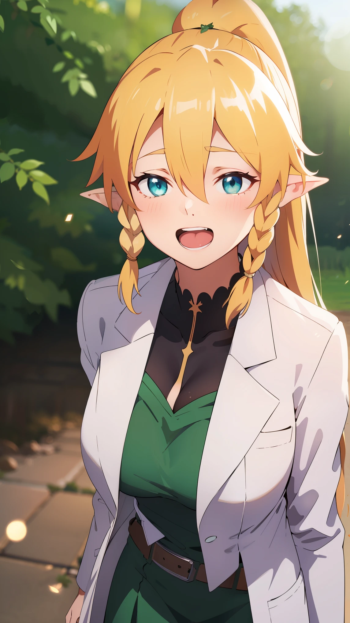 (((leafa))), blonde hair, long hair, green eyes, pointy ears,twin braids, hair between eyes,ponytail, very long hair,side braid, 
BREAK (labcoat, shirt, green skirt, belt:1.2)
BREAK upper body, (huge Laughing:1.1), (open mouth:1.1), closed eyes, sun glare, bokeh, depth of field, blurry background, light particles,
BREAK (masterpiece:1.2), best quality, high resolution, unity 8k wallpaper, (illustration:0.8), (beautiful detailed eyes:1.6), extremely detailed face, perfect lighting, extremely detailed CG, (perfect hands, perfect anatomy),