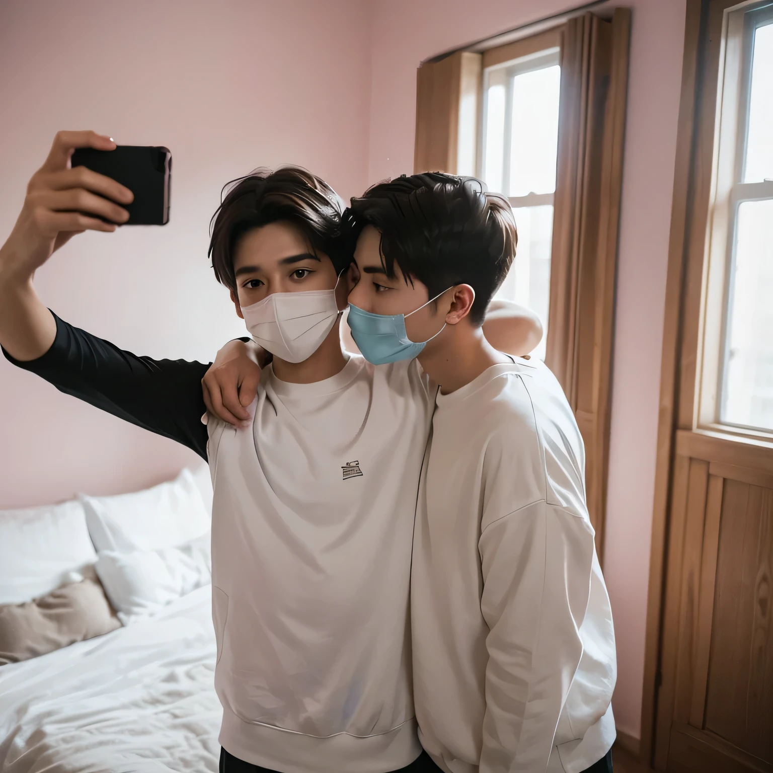 Two boys ,Hug each other next to the bed ,One of them took a selfie in the mirror while covering his face with his mobile phone,Blurry lens feeling,pink atmosphere,wearing white clothes,The one above has short black hair,The person holding the phone below has long brown hair.