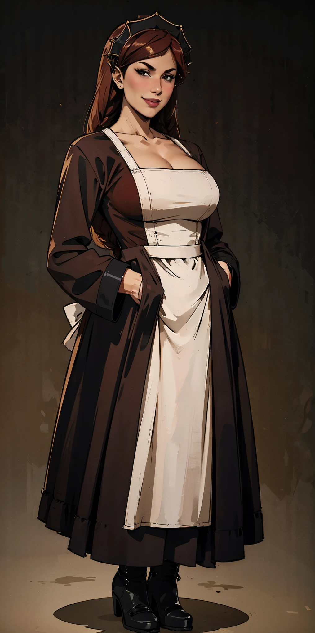 (Masterpiece, plain background:1.2) 1solomilf full body standing straight symmetrical, lustful smirking smile face red blush red cheeks, looking at viewer, hands inside pockets, 2long braids, maid headdress, maid, black dress and white apron, maid dress, maid apron, long sleeves, white panty hose, long leather military boots, high thighs, long hair