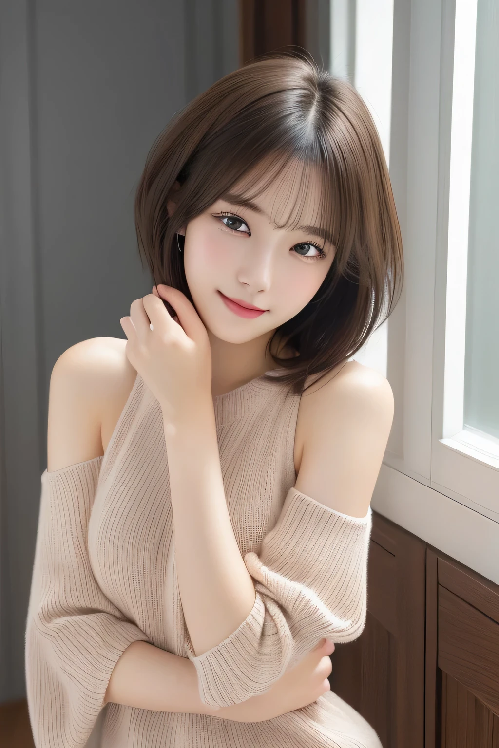 (masterpiece:1.3), (8k, Photorealistic, Raw photo, Best image quality: 1.4), Japanese, (One Girl), Beautiful Face, (A vivid face), (Black-haired, short hair:1.3), Beautiful Hairstyles, Realistic eyes, Beautiful details in the eyes, (Realistic Skin), Beautiful skins, attractive, 超A high resolution, Surreal, Attention to detail, Golden Ratio, Beautiful woman:1.4、Light brown hair、highest quality、masterpiece、超A high resolution、(Photorealistic:1.4)、Highly detailed and professionally lit smile、Loose, lightweight knitwear、Shoulders out、thin、Serious expression、Long Hair、Deadly position、Nogizaka Idol、Korean Idol、Gravure idol pose、、Age 25、expensive, Glamour、side、(19 years old:1.5),