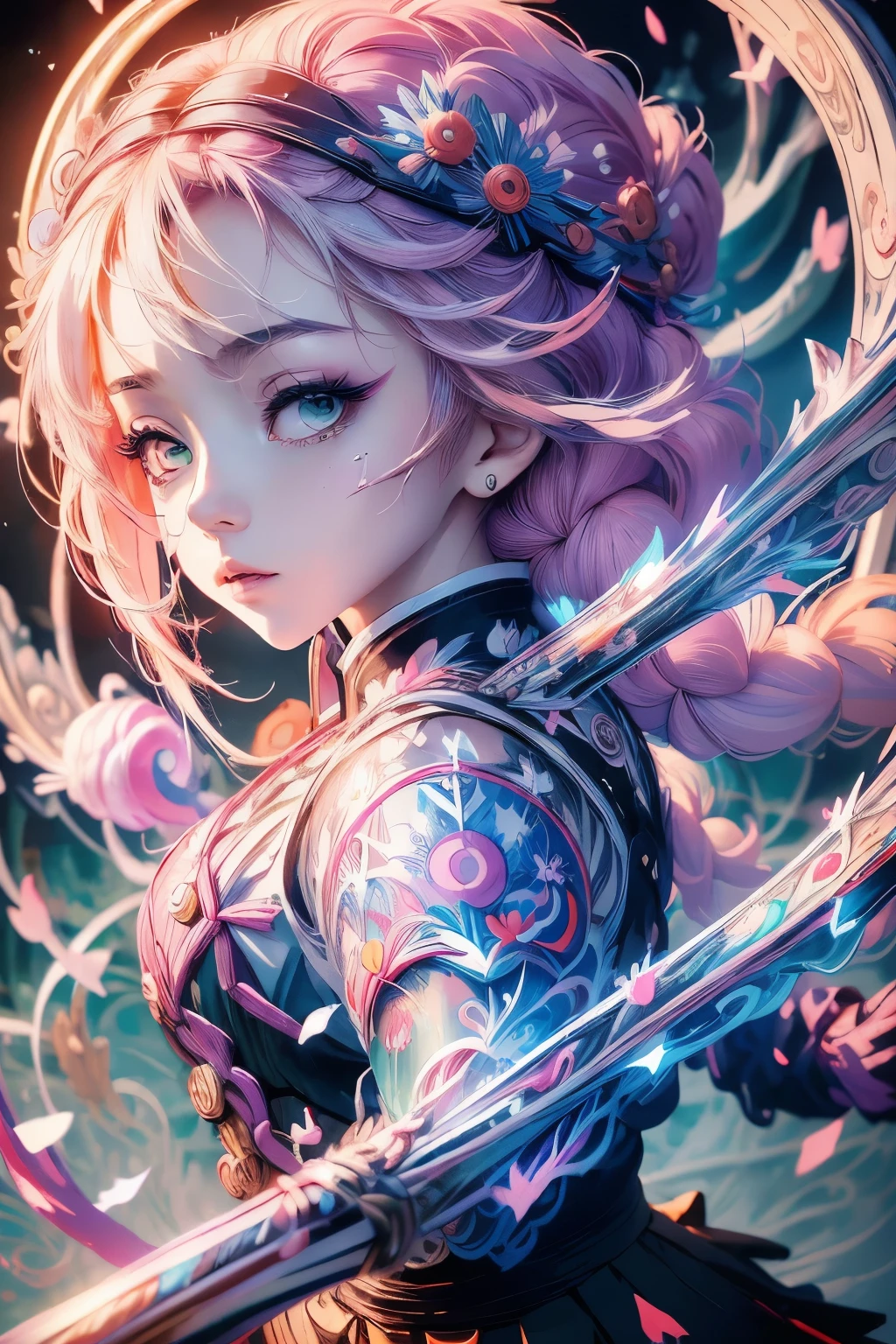 anime, Demon slayer, Kanroji Mitsuri, 先端が緑色のpinkの髪, Bright green eyes, black clothes that show the chest, Black Skirt, wear white cloth, night, An illustration with lots of colorful neon hearts on the background, pararel, pink, Whip-like sword, (((masterpiece:1.4))), (highest quality:1.4), (Ultra-high resolution:1.4), (highest quality:1.2), (Super detailed:1.3), Realistic:1.1