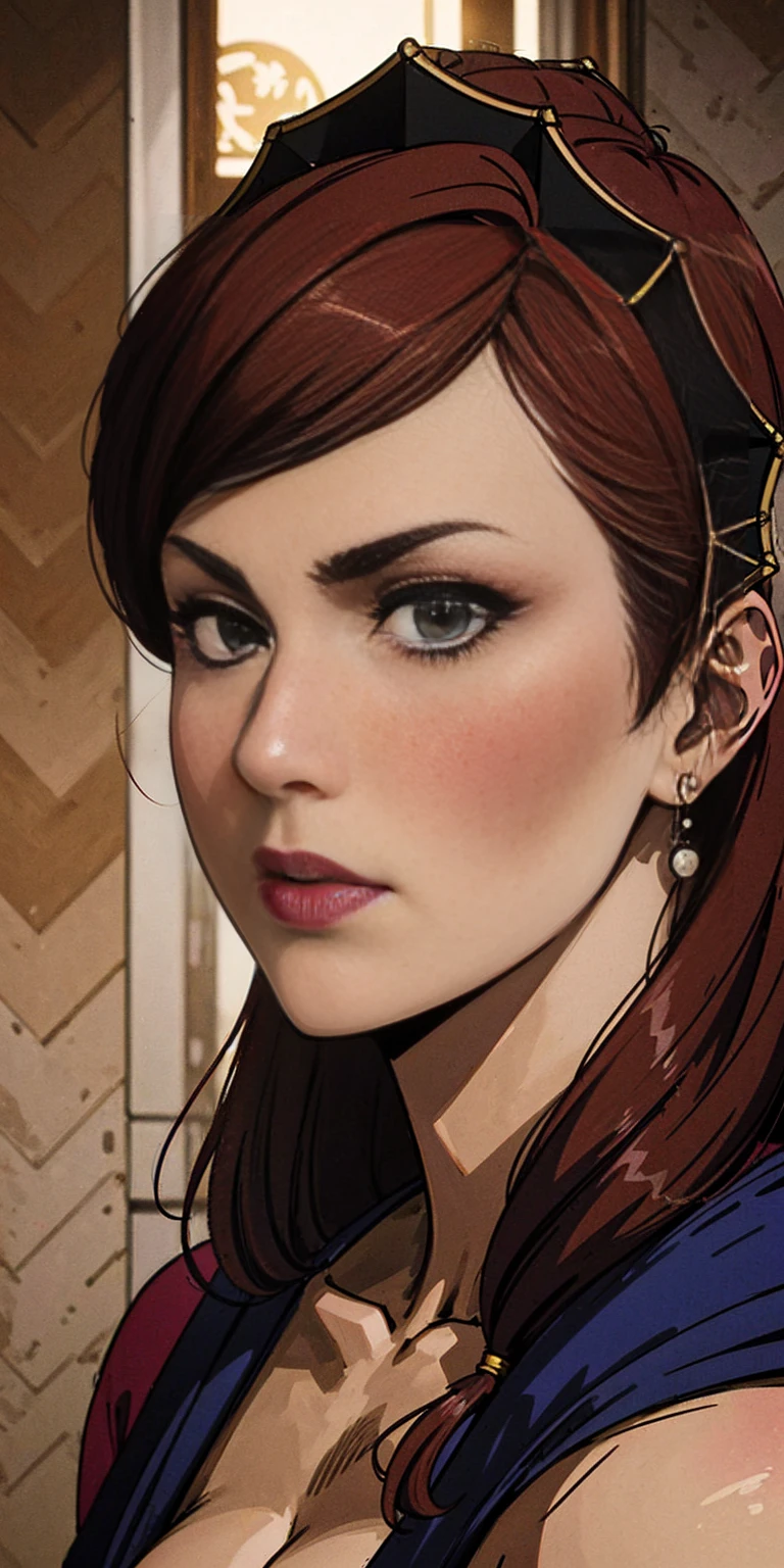 una mujer hermosa, 32 years old, pelo rojo corto, ojos marrones brillantes, purple and pink blaser, falda corta y fondo blanco, detalles intrincados