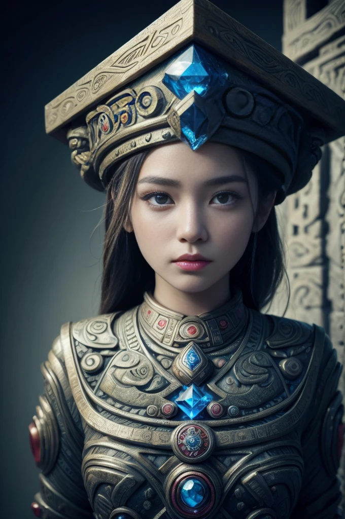 (high quality), (masterpiece), (detailed), 8K, Surrealistic depiction of futurism (1 girl 1.2), In the stone carving environment，Japanese characters surrounded by totemic elements. Meticulous detail captures the seamless blend of tradition and innovation in this visually stunning work. Popular on artstation.