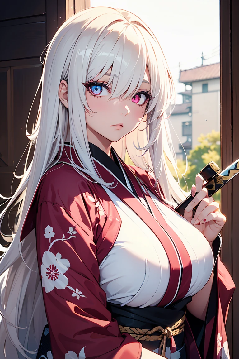 ((1 girl)), kunoichi, (((Bangs that cover one eye))), Ninja, kimono, Holding a sword, Rough poses, sleepy, Masked, Droopy eyes, Latest modern fashion, Floral costume, fluffy, warm, Big Breasts, Squat, Cowboy Shot,((Very detailed,highest quality, High resolution, Apathy, 8k wallpaper, Beautiful clothes,)),((Pure white hair)), Long Hair,Messy Hair, eye shadow, eyeliner,Glow Eye, Very detailedな目, Beautiful Eyes, (Glowing pink eyes),22-year-old girl,