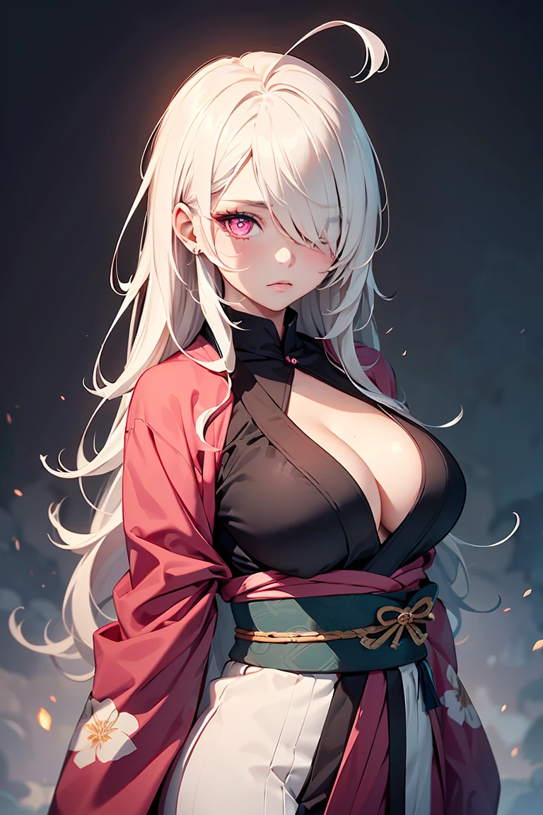  ((1 girl)), kunoichi, (((Bangs that cover one eye))), Ninja, kimono, Holding a sword, Rough poses, sleepy, Masked, Droopy eyes, Latest modern fashion, Floral costume, fluffy, warm, Big Breasts, Squat, Cowboy Shot,((Very detailed,highest quality, High resolution, Apathy, 8k wallpaper, Beautiful clothes,)),((Pure white hair)), Long Hair,Messy Hair, eye shadow, eyeliner,Glow Eye, Very detailedな目, Beautiful Eyes, (Glowing pink eyes),22-year-old girl,