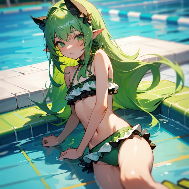 Girl, green hair, long hair, green scales on thigh, frilled ears, bikini, pool, small 