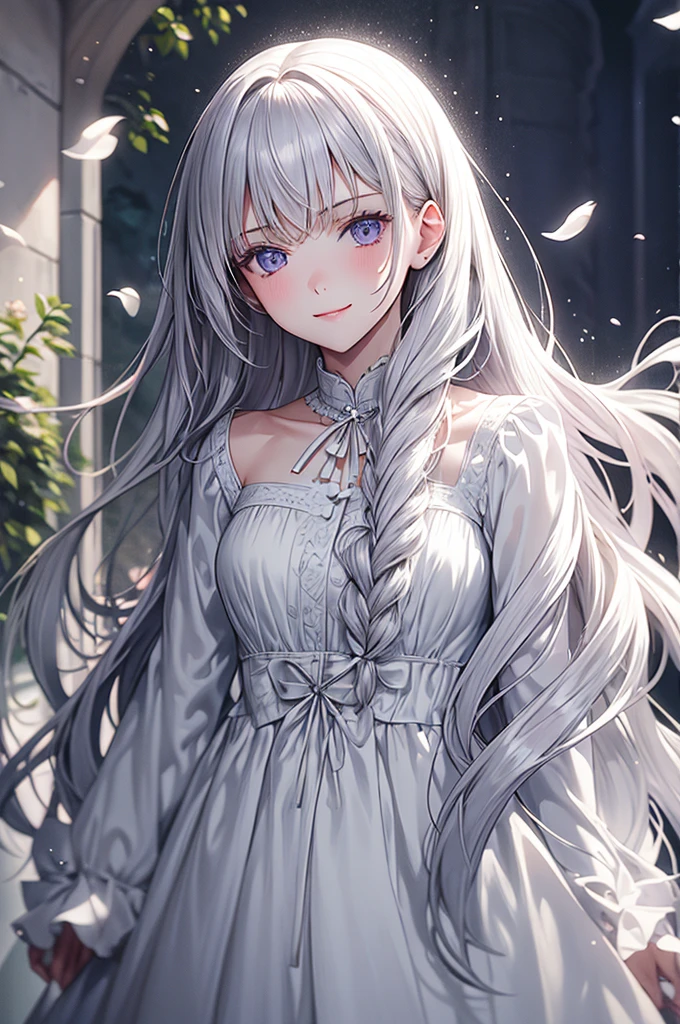Masterpiece, Superb Piece, Daytime, Outdoor, Falling Flowers, White Dress, 1 Girl, Perfect Woman, Silver and White Long Haired Woman, Gray Blue Eyes, Pale Pink Lips, Cold, Serious, Bang, Purple Eyes, White Clothes, Black Clothing Lines, Delicate Face, Exquisite Face, Standing Bow, Tassels, Happiness Knot, Smile
