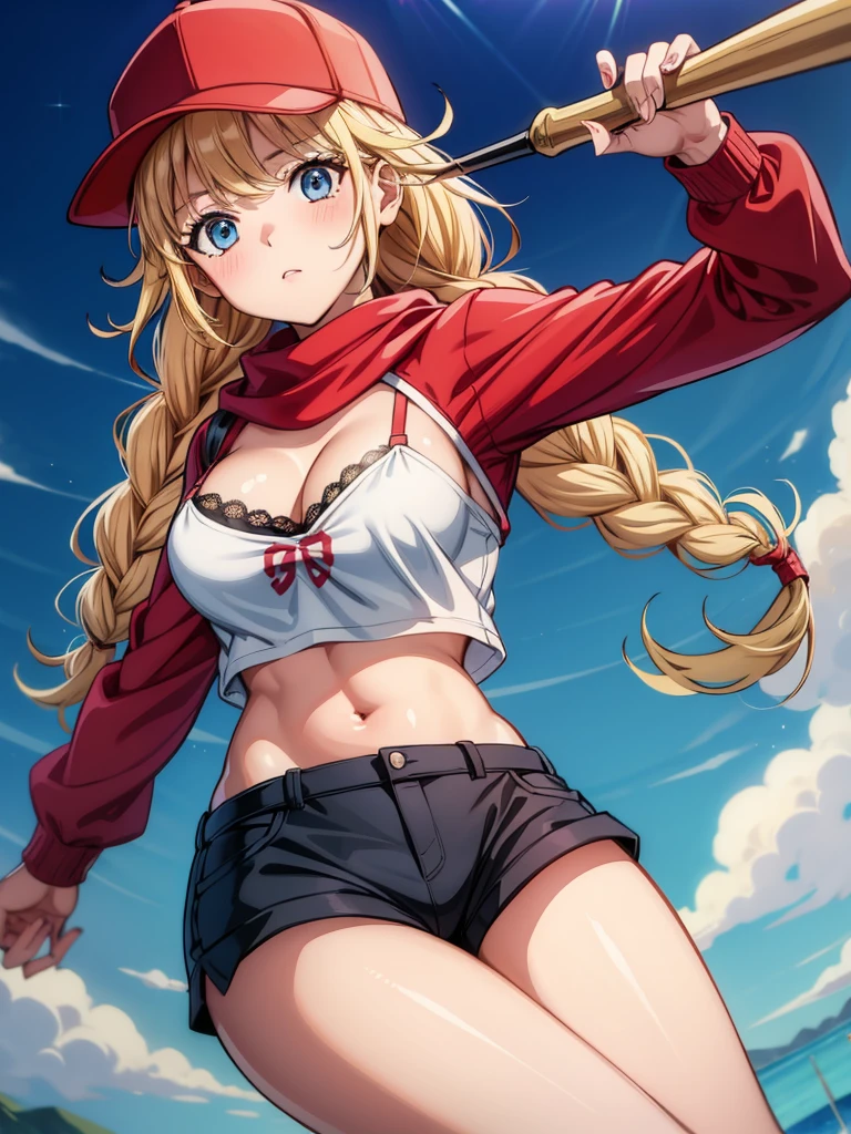[Serena_(Pokemon)], [Uploaded to rule34.xxx; (kingmaster), (shosho_oekaki), (nekololisama)], ((masterpiece)), ((HD)), ((detailed shading)), ((1girl)), ((solo portrait)), ((full body)), ((back view)), ((cute anime girl)), {(long dirty blonde hair), (cute blue eyes), (gorgeous hips), (beautiful legs), (beautiful lips), (expressionless)}, {(black turtleneck sweater), (sleeveless), (short red skirt), (black opaque thigh-high socks), (black converse sneakers), (pink hat on head), (sunglasses on hat), (upskirt white panties)}, {(on knees), (arms at side), (looking back)}, [background; (grass plains), (blue cloudy sky), (sun rays)]