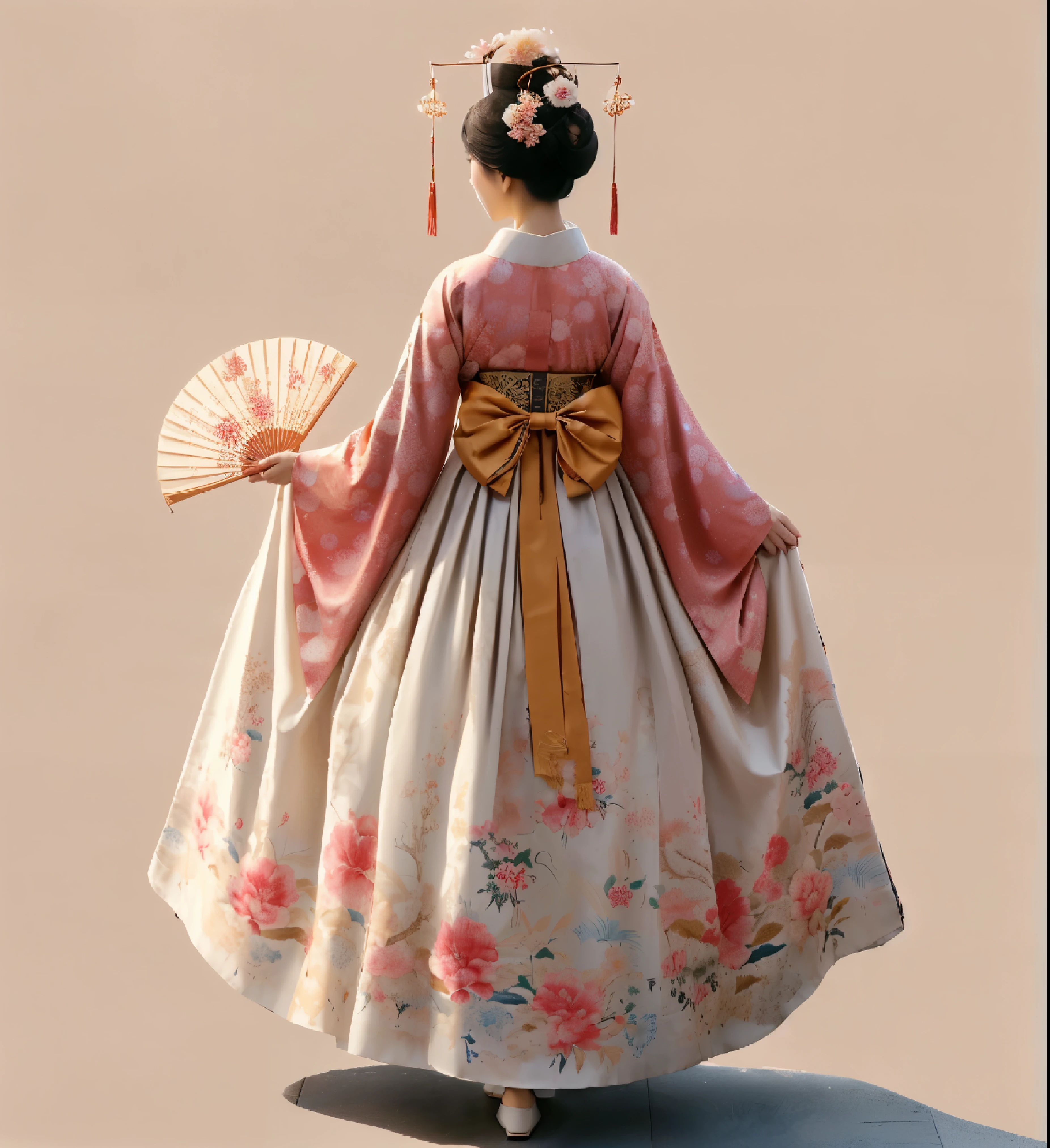 there is a woman in a kimono dress holding a fan, palace , a girl in hanfu, ancient chinese princess, hanfu, ancient asian dynasty princess, hanbok, ancient china art style, wearing ancient chinese clothes, korean hanbok, traditional chinese clothing, chinese costume, traditional dress, beautiful render of tang dynasty, traditional geisha clothing, japanese clothes