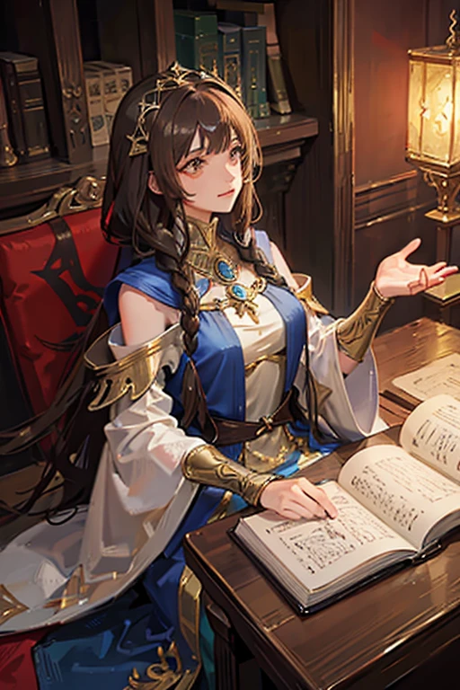 medieval fantasy setting, medieval city, female human race sorceress, Mediterranean features, long brown hair wearing sorceress dress