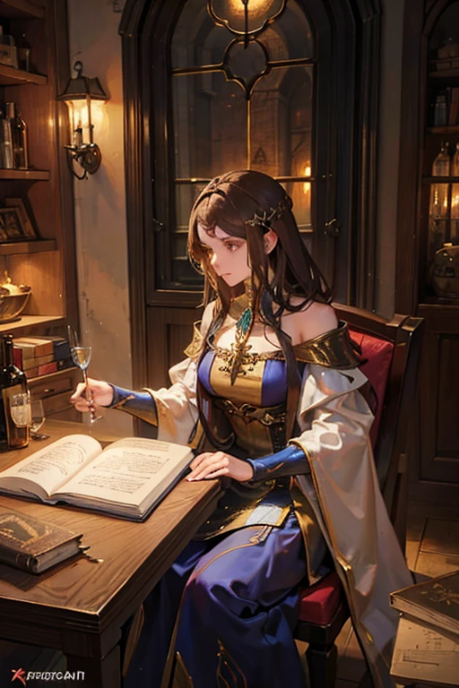 medieval fantasy setting, medieval city, female human race sorceress, Mediterranean features, long brown hair wearing sorceress dress