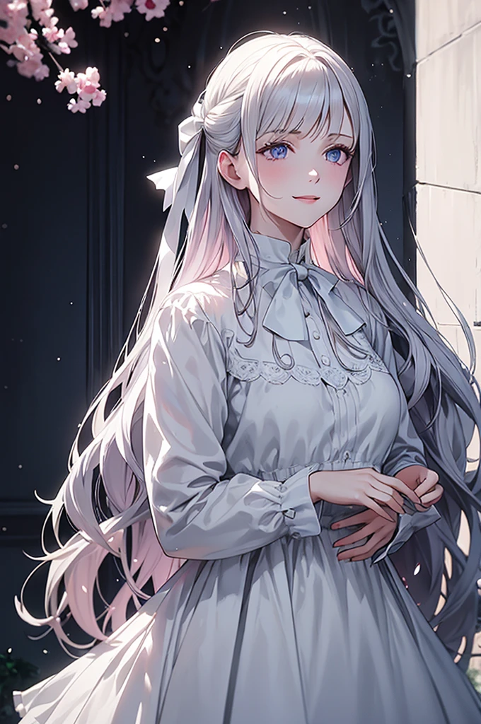 Masterpiece, Superb Piece, Daytime, Outdoor, Falling Flowers, White Dress, 1 Girl, Perfect Woman, Silver and White Long Haired Woman, Gray Blue Eyes, Pale Pink Lips, Cold, Serious, Bang, Purple Eyes, White Clothes, Black Clothing Lines, Delicate Face, Exquisite Face, Standing Bow, Tassels, Happiness Knot, Smile