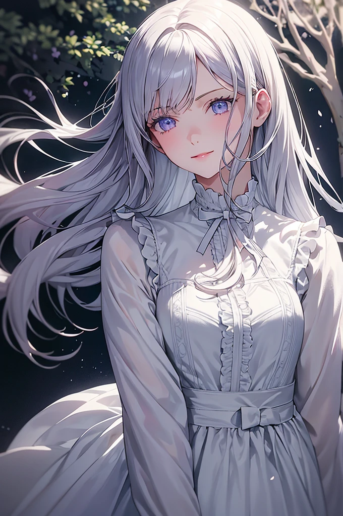Masterpiece, Superb Piece, Daytime, Outdoor, Falling Flowers, White Dress, 1 Girl, Perfect Woman, Silver and White Long Haired Woman, Gray Blue Eyes, Pale Pink Lips, Cold, Serious, Bang, Purple Eyes, White Clothes, Black Clothing Lines, Delicate Face, Exquisite Face, Standing Bow, Tassels, Happiness Knot, Smile
