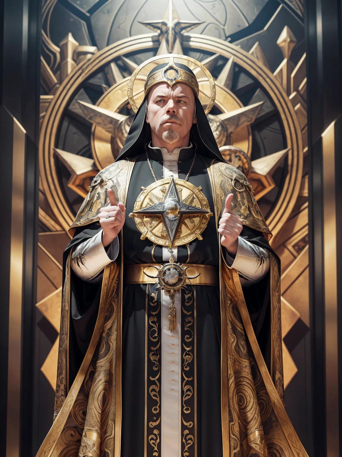 James Hetfield as a Heavy Metal Pope in a stoic pose; ((Traditional Heavy Metal Pope outfit)); standing; ((Traditional Heavy Metal style)); ultrarealistic skin, ultrarealistic face; ultrarealistic body; ((ultrarealistic gold ornaments)); detailed skin; ultra detailed eyes; ultra detailed face; full body symmetrical with thick lines, Fibonacci, golden ratio, 3D metal structure tessellation, neural graphic, neurons, color, love, passion, incredibly detailed, 8k, masterpiece, artstation, surreal