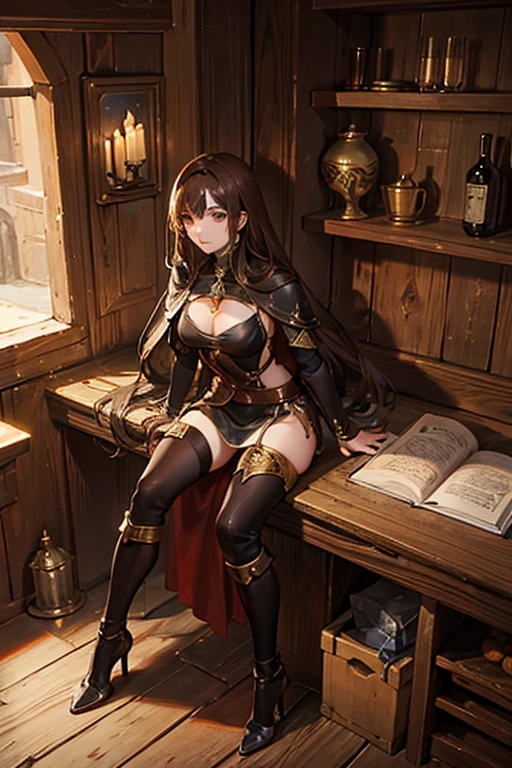 medieval fantasy setting, medieval city, female human race thief, Mediterranean features, brown hair wearing black armor