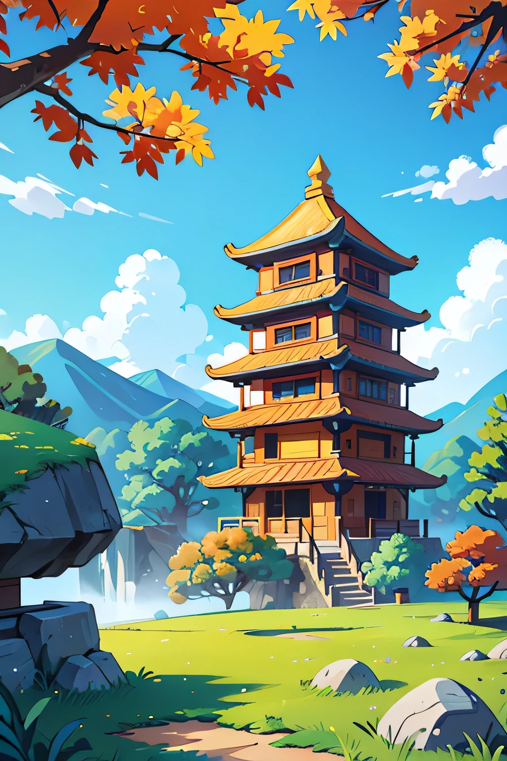 Draw a cartoon,Background contains blue sky、White Cloud、Trees、sun、Mountain、Stone、Fall、Ancient Chinese Building