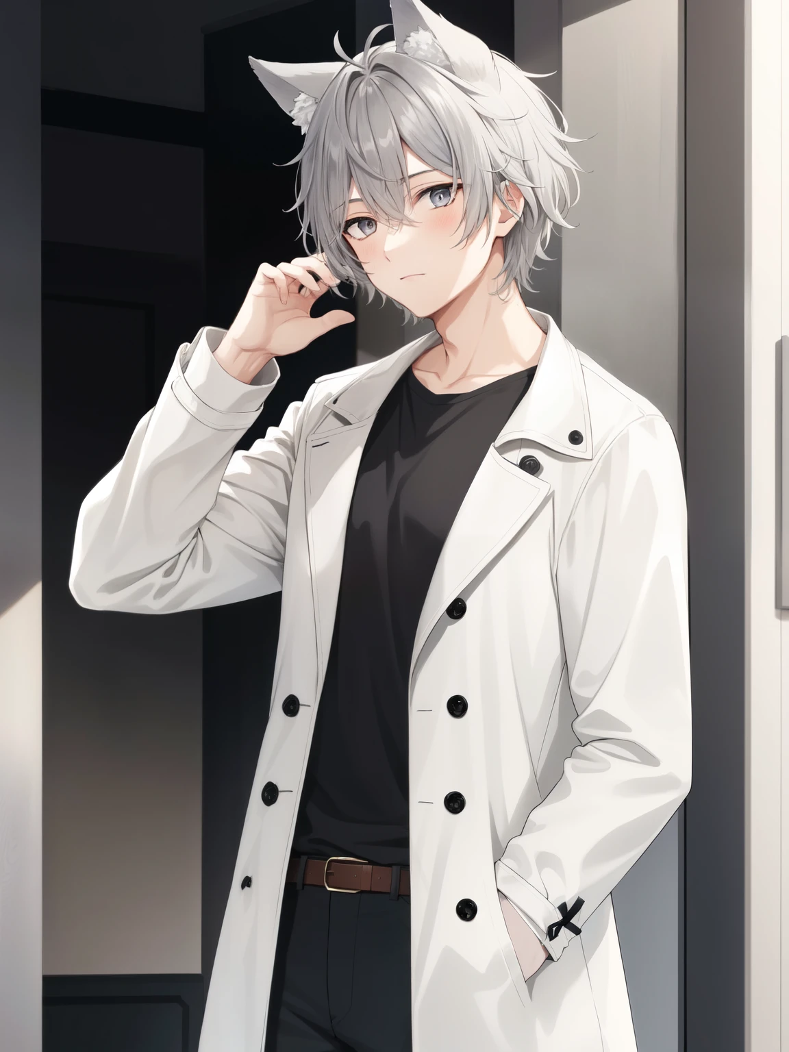 1boy, solo, grey hair, grey eyes, messy hair, short hair, wolf ears, white_trench_coat, black shirt, casual clothes