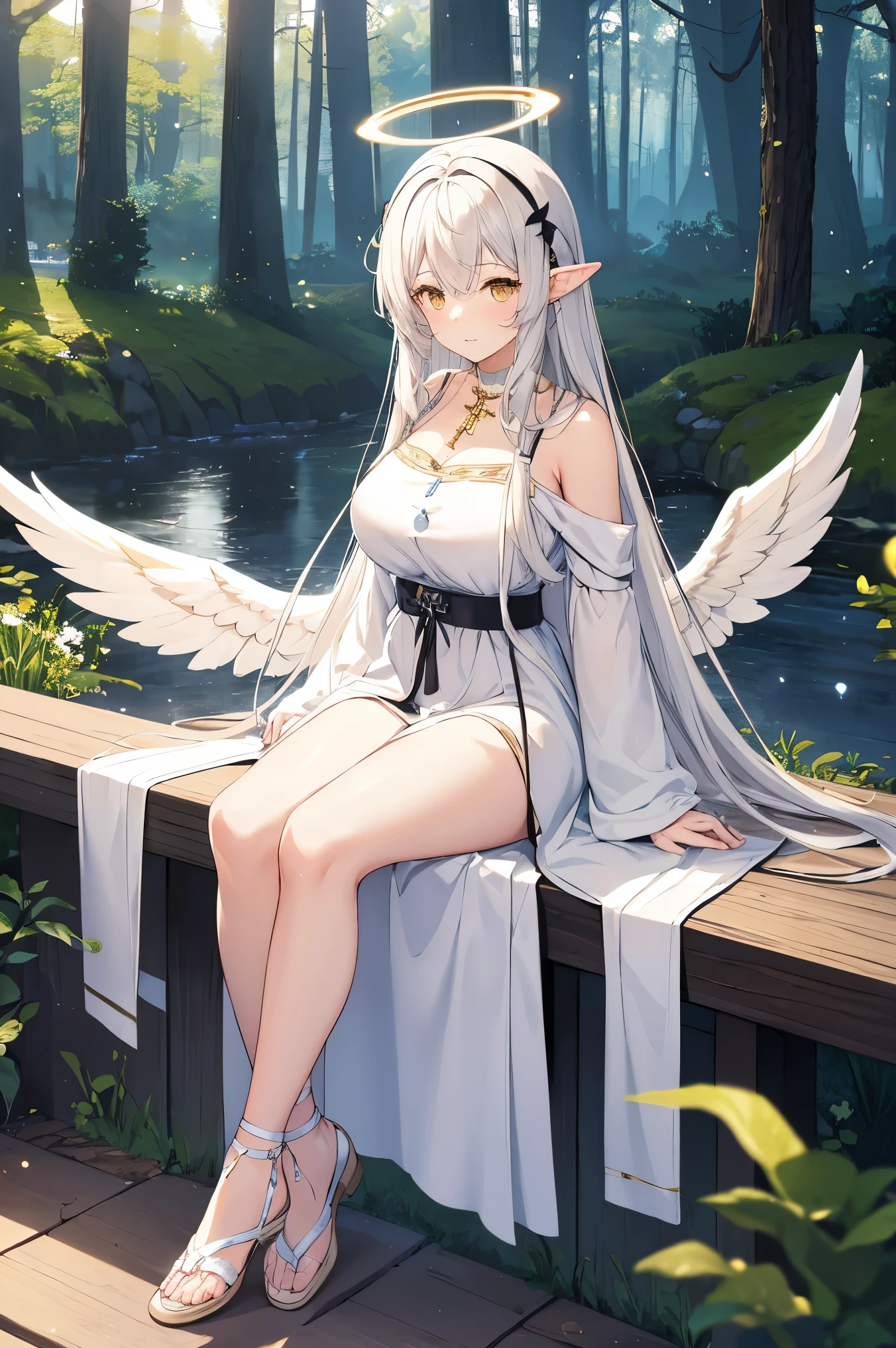 （（（masterpiece）））， （（（best quality））））， official art， Extremely detailed CG unified 8k wallpaper， （（sketch）））， night， rain， beautiful detailed sky， galactic，starry sky background，beautiful and delicate water， Game CG， Huge file size， sketch， Report， angelic， long gray hair， combed blonde hair， wet hair， hair between eyes， hair behind ears， Carefree eyes and white eyelashes， yellow eyes， half closed eyes， footwear， halo， Cross necklace， look down， sitting， Hold the long leather hair， leaf hair accessories， in the forest， lakeside， （（Big breasts）））， （（（ white robe）））， long sleeve dynamo， White eye mask， Elf ears and golden wings are more yellow