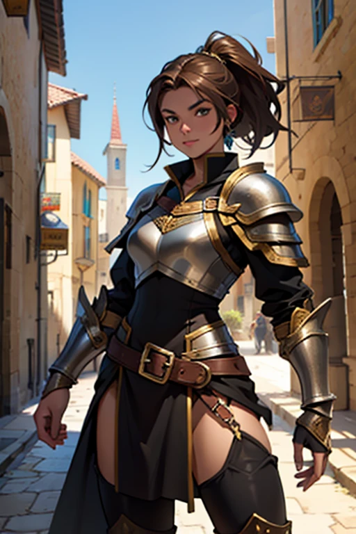 medieval fantasy setting, medieval city, female human race thief, Mediterranean features, brown hair wearing black armor