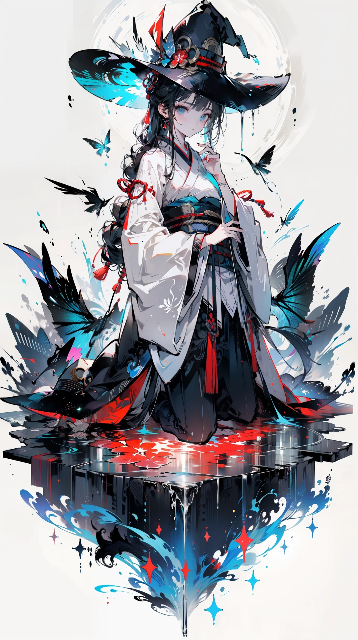 White background, Blue Skirt，Solo Woman, Solitary, ((Kneel down)), ((Kneel down on white glass surface)), (at the lowest limit, Tiny), (White background), (Witch Hat), Long gray hair, Looking at the audience, panoramic, Vision, From the night of the Ark, Hot topics on artstation pixiv, ARK Knight, Digital Art on pixiv,Onmyoji Detailed Art, Japanese anime fantasy illustration, anime art wallpaper 8 k, Sky Witch, Oriental Dragon, Pixiv Style, Anime Art Wallpaper 4K, Anime Art Wallpaper 4K, (Clean background), Ink painting style，Clean colors，Decisive cuts，large areas of white space, space, space，masterpiece， Super refined，Epic Works，high quality，Best quality，4k