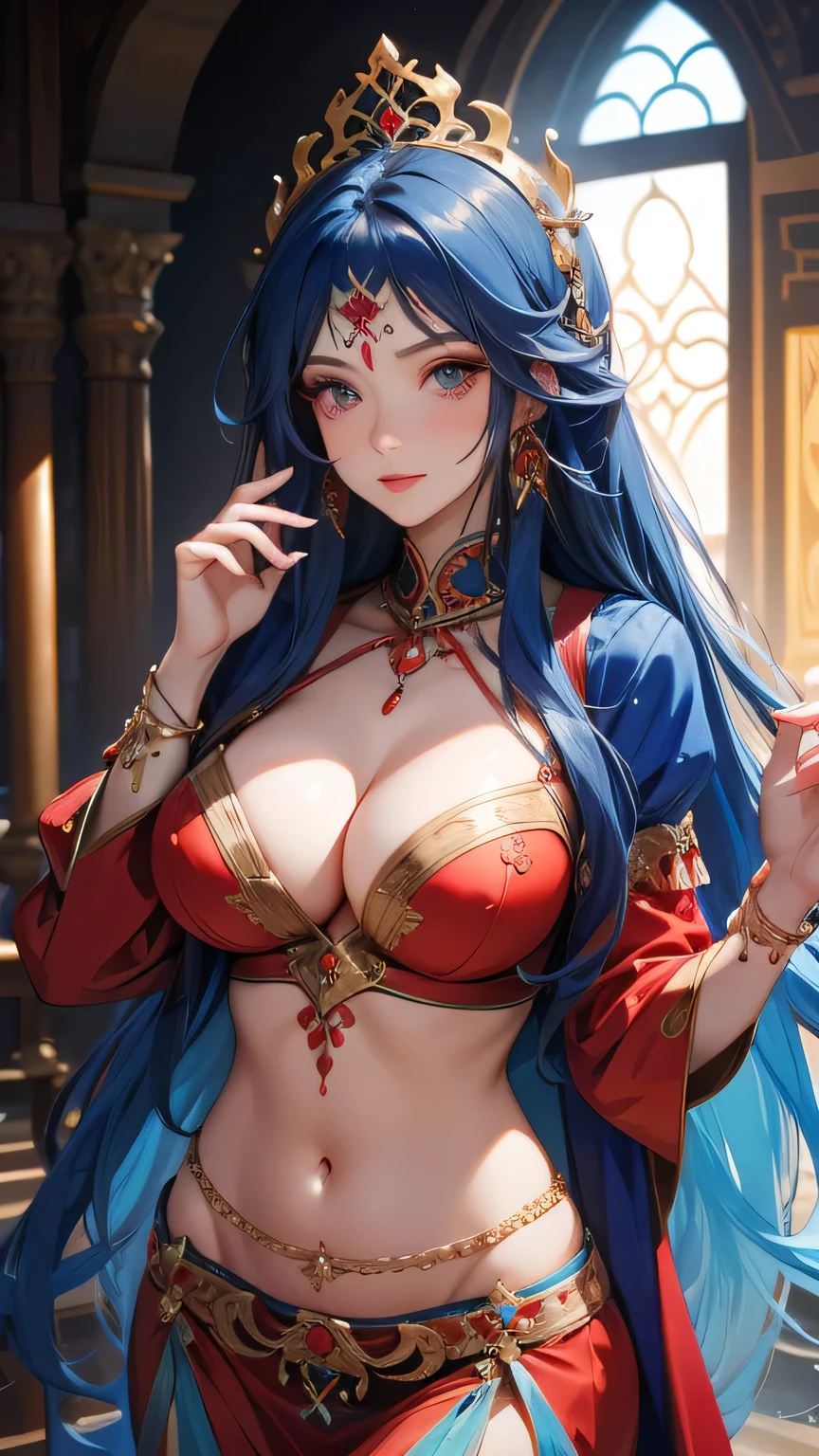 blue long hair, red belly dance costume, beautiful woman, woman with big breasts,