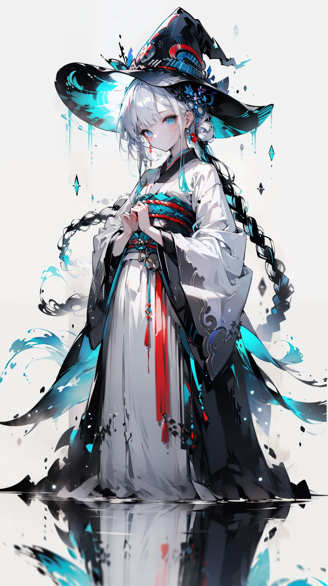 White background, Blue Skirt,Solo Woman, Solitary, ((Kneel down)), ((Kneel down on white glass surface)), (at the lowest limit, Tiny), (White background), (Witch Hat), Long gray hair, Looking at the audience, panoramic, Vision, From the night of the Ark, Hot topics on artstation pixiv, ARK Knight, Digital Art on pixiv,Onmyoji Detailed Art, Japanese anime fantasy illustration, anime art wallpaper 8 k, Sky Witch, Oriental Dragon, Pixiv Style, Anime Art Wallpaper 4K, Anime Art Wallpaper 4K, (Clean background), Ink painting style,Clean colors,Decisive cuts,large areas of white space, space, space,masterpiece, Super refined,Epic Works,high quality,Best quality,4k