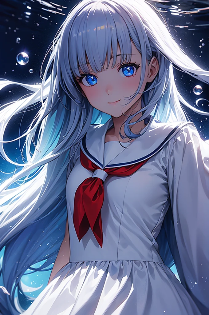 (see-through:1.3),white serafuku,sailor dress, white theme,, sailor suit, looking at viewer, insanity, messy long hair, beautiful detailed eyes,Hair glows,dramatic angle,blue sailor collar, perky breasts,light smile,partially underwater shot...