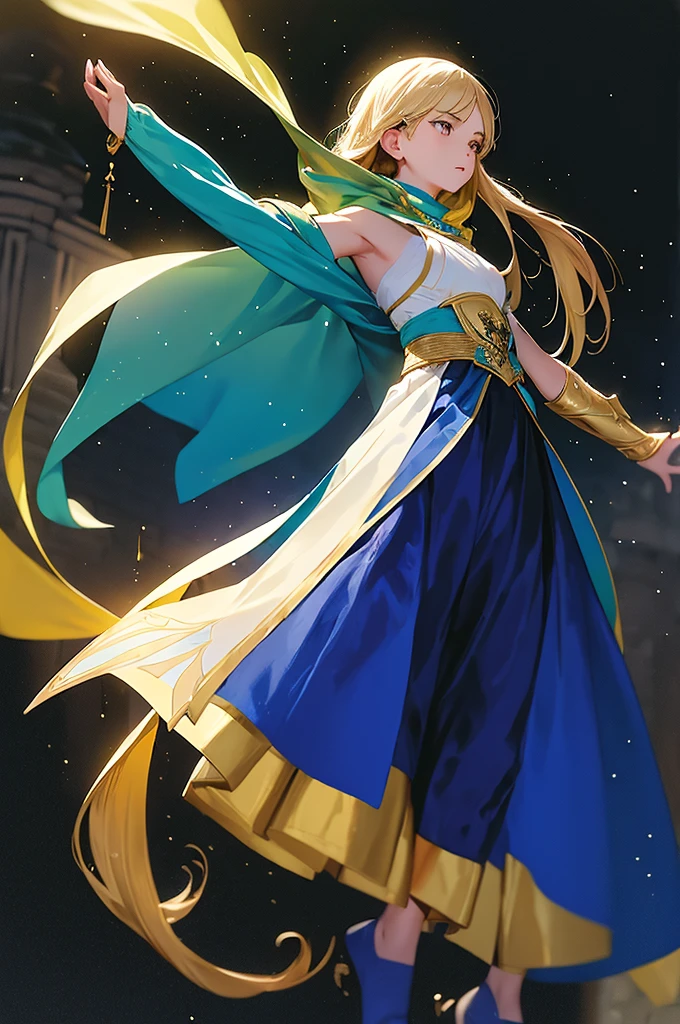 Masterpiece, best quality, realistic, (1 girl: 1.3), blue gold white clothes, shawl long hair, jump, leap, dance, green gold white clothes, long skirt, long scarf, flowing, light armor, snow white skin, bare shoulders, full body, (from below:1.5), martial arts, dynamics, flames, particles