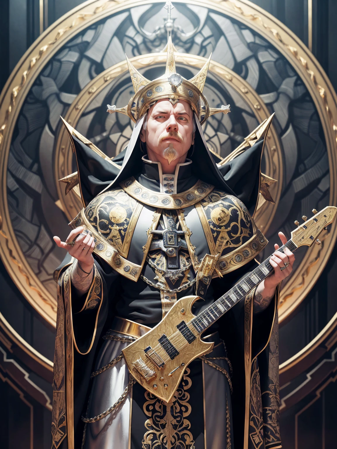 James Hetfield as a Heavy Metal Pope in a stoic pose; ((Traditional Heavy Metal Pope outfit)); standing; ((Traditional Heavy Metal style)); ultrarealistic skin, ultrarealistic face; ultrarealistic body; ((ultrarealistic gold ornaments)); detailed skin; ultra detailed eyes; ultra detailed face; full body symmetrical with thick lines, Fibonacci, golden ratio, 3D metal structure tessellation, neural graphic, neurons, color, love, passion, incredibly detailed, 8k, masterpiece, artstation, surreal
