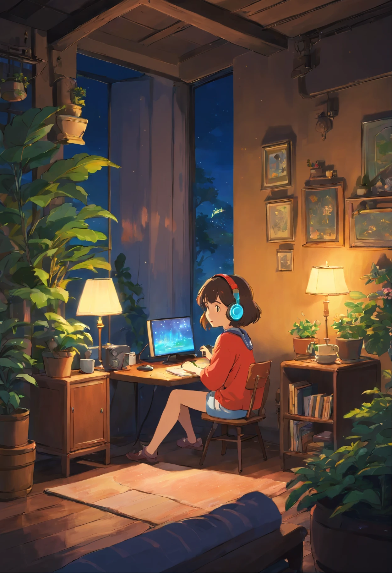 night、Girl listening to music in a cozy room, Use headphones, 2D Style Anime, I will fix it, hard disk, Dark Environment, plant, coffee, Wet day, plant, homework,