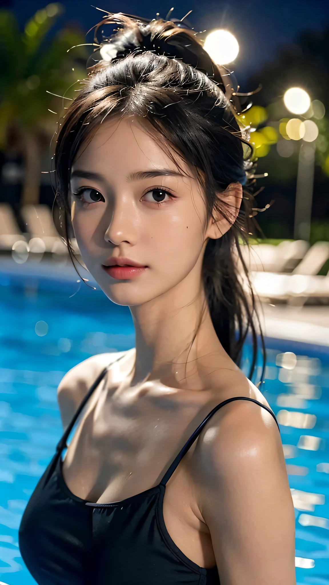 Pool at night,school navy blue one-piece swimsuit,One woman,close up face,fully body photo,masutepiece, The highest image quality, High quality, the background is clear，Beautiful woman, Japanese, Detailed, Detailed eyes, Detailed skin, Beautiful skin, 超hight resolution, (reality: 1.4),Very beautiful woman, Slightly younger face, Beautiful skin, slender, (Ultra photo realsisim), (hight resolution), (8K), (Very detailed) (beautifully detailed eyes), (super detailed),   (Detailed face), view the viewer, Fine details, Detailed face, Staring straight ahead, Staring straight ahead, photos realistic, Bright lighting, Professional Lighting, Black hair,poneyTail,a baby face,sixteen years old,Hairstyle: ponytail,Long ponytail hairstyle,slight smile,