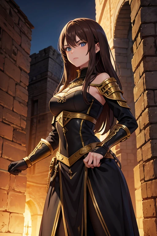 medieval fantasy setting, medieval city, female human race thief, Mediterranean features, brown hair wearing black armor