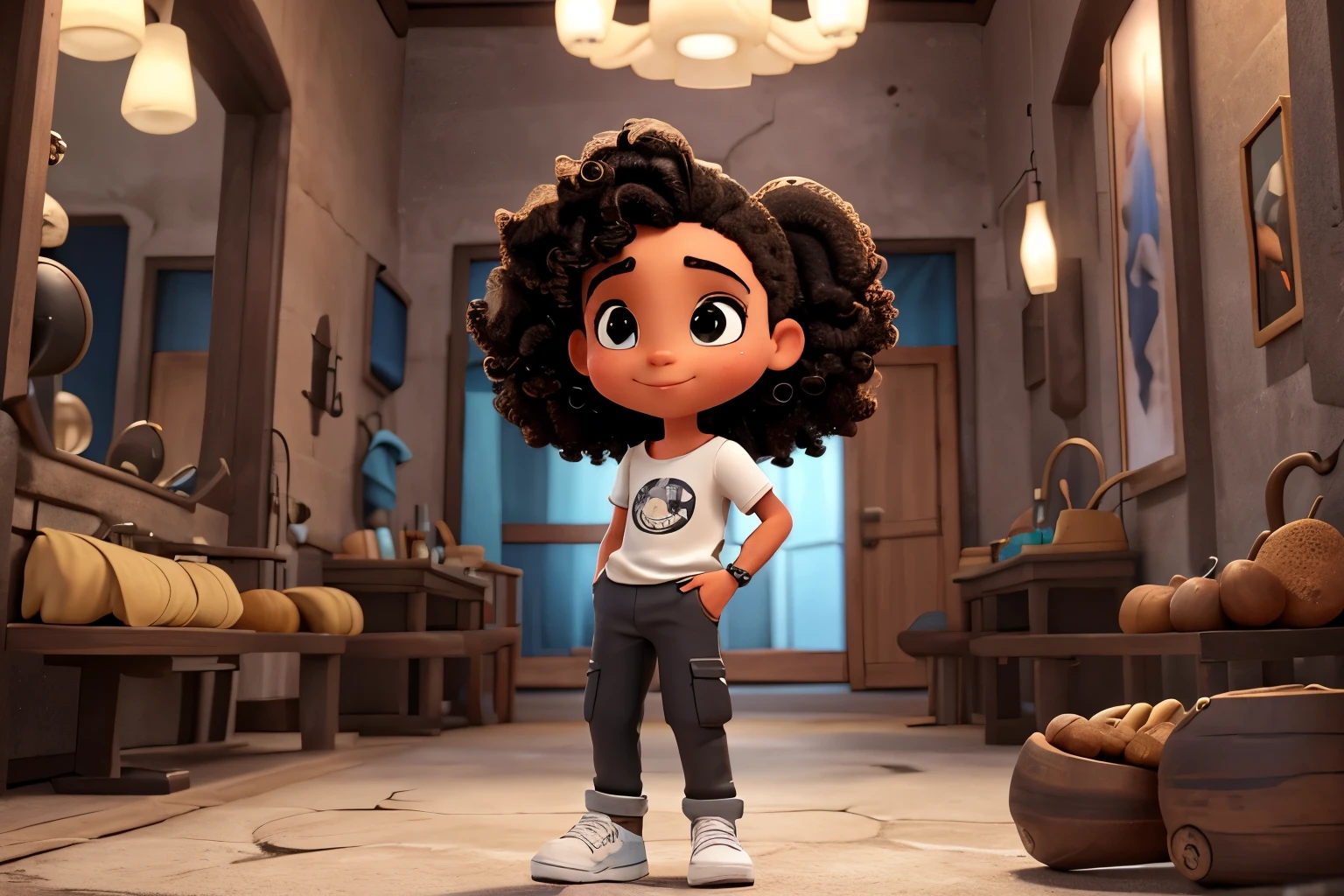 Imagem de alta qualidade igual os desenhos da Disney, Garoto, entre seus 17 a 18 anos, negro, medium curly hair, delicado, wearing black cargo pants, larga, com um moletom preto, white sneakers with shiny stones, usando um colar de diamantes, e uma coroa de prata linda, com brincos delicados nas orelhas, in front of several mirrors, with a microphone in hand