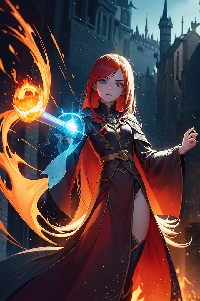 An outstanding painting of a beautiful white girl, flaming, surrounded by flames, dota2 fire girl style, ghost knife style, fire-like hair, long red hair, watery blue big eyes, thin waist, wide hips, mage robes, magic colors, World of Warcraft style, By Blizzard Entertainment, Ultra HD, 8K, real skin texture, best light, best shadow, Lina from dota2, action, wizarding world, overhead view, small mouth, Small nose, big eyes, cute