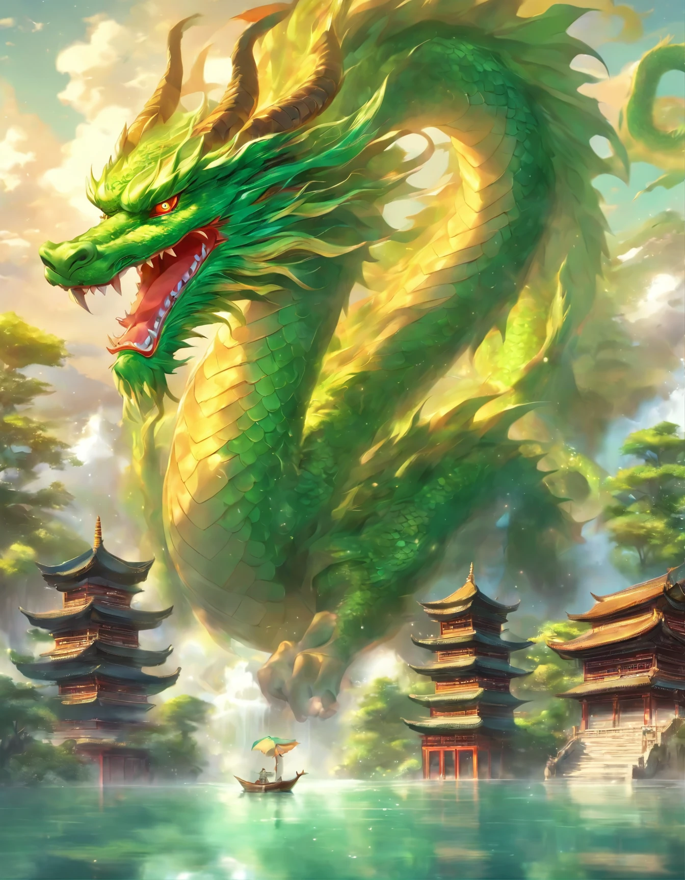 dragon in the sky over a lake with a pagoda in the background, massive green dragon!!!, green dragon, chinese dragon concept art, by Bayard Wu, dragon art, by Yang J, chinese fantasy, by Li Song, cyan chinese dragon fantasy, by Ren Xiong, by Gao Fenghan, by Huang Shen, by Ju Chao, by Huang Ding