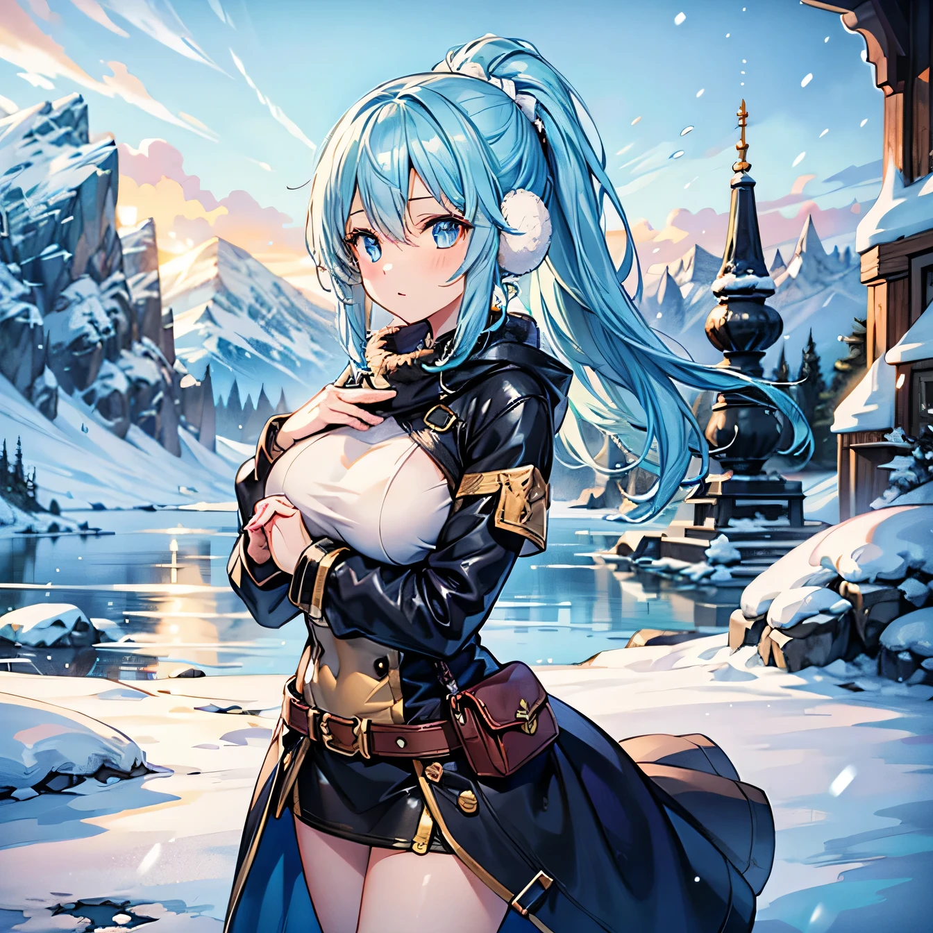 Anime Moe Art Style,highest quality,High resolution,Anatomically correct,One Girl,Mid-teens,A girl with light blue hair in a ponytail,Super detailed,Fantasy World,Cold weather clothing,Fluffy earmuffs,Big Breasts,A rich expression,A cold look,Rubbing his hands together,Outdoor,Ice-covered continent,Eyes drawn in detail,8K