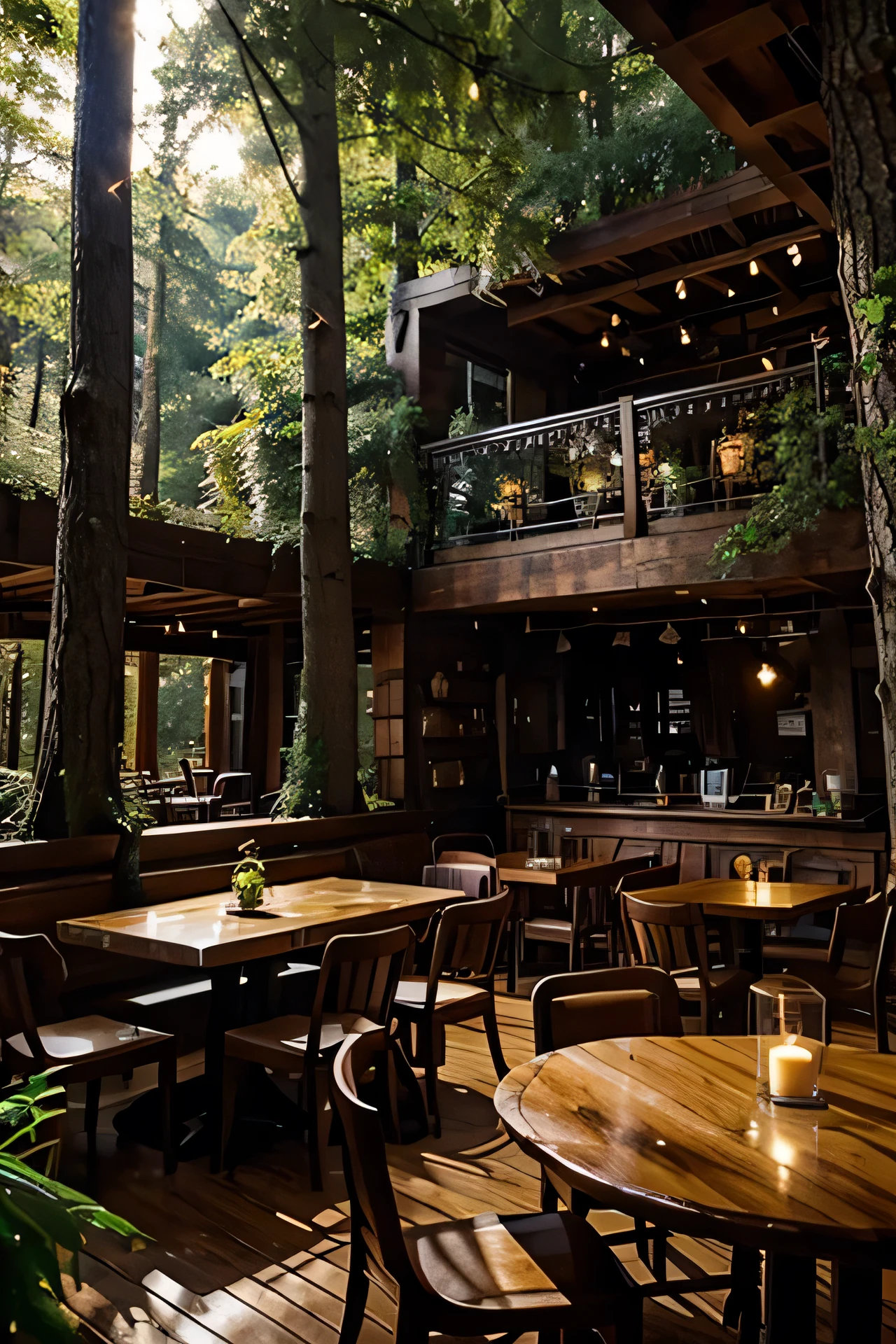 Magical cafe in a forest interior