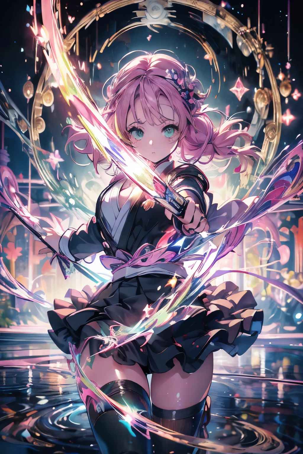anime, Demon slayer, Kanroji Mitsuri, 先端が緑色のpinkの髪, Bright green eyes, black clothes that show the chest, Black Skirt, wear white cloth, night, An illustration with lots of colorful neon hearts on the background, pararel, pink, Whip-like sword, (((masterpiece:1.4))), (highest quality:1.4), (Ultra-high resolution:1.4), (highest quality:1.2), (Super detailed:1.3), Realistic:1.1