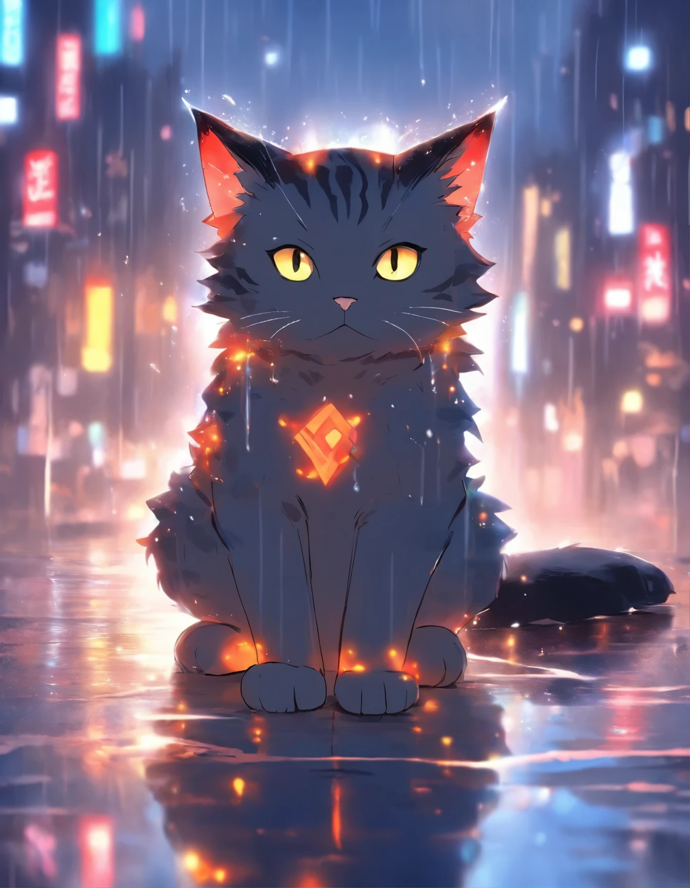 arafed cat sitting on the ground in the rain, a digital painting by Ni Duan, trending on cgsociety, furry art, cat. digital painting, beautiful illustration, warrior cats fan art, gorgeous art, by jake parker, very very beautiful furry art, low detailed. digital painting, beautiful digital illustration, anime cat, thoughtful ), digital art on pixiv