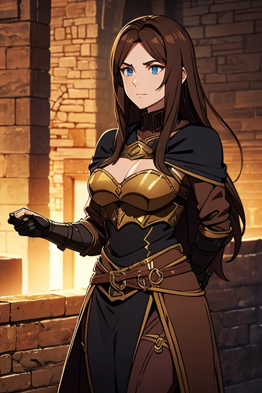 medieval fantasy setting, medieval city, female human race thief, Mediterranean features, brown hair wearing black armor