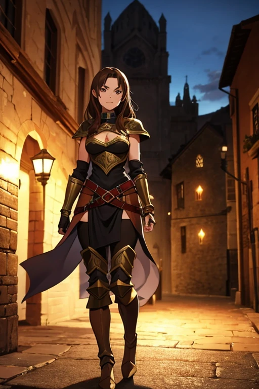 medieval fantasy setting, medieval city, female human race thief, Mediterranean features, brown hair wearing black armor