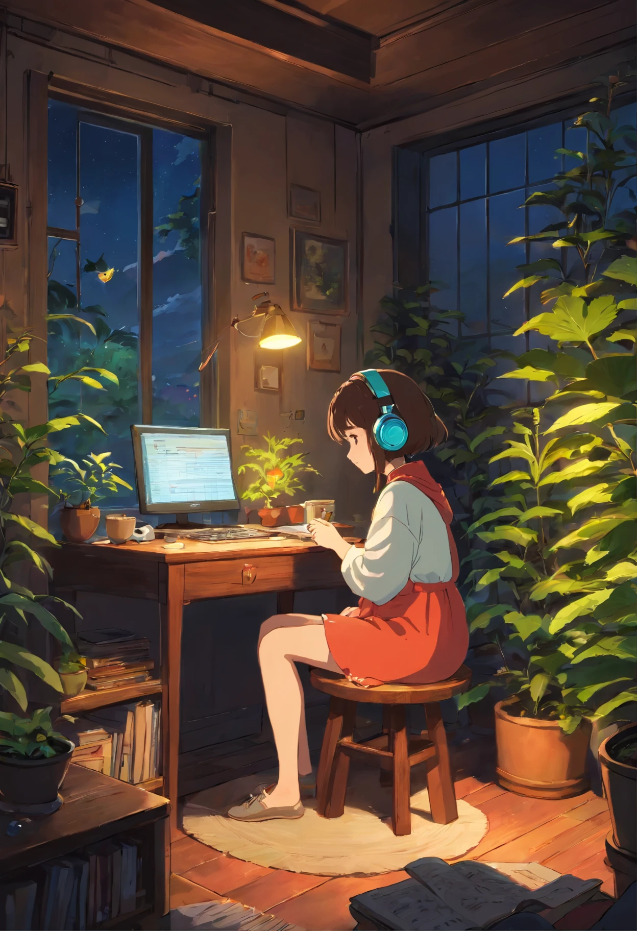 night、Girl listening to music in a cozy room, Use headphones, 2D Style Anime, I will fix it, hard disk, Dark Environment, plant, coffee, Wet day, plant, homework,