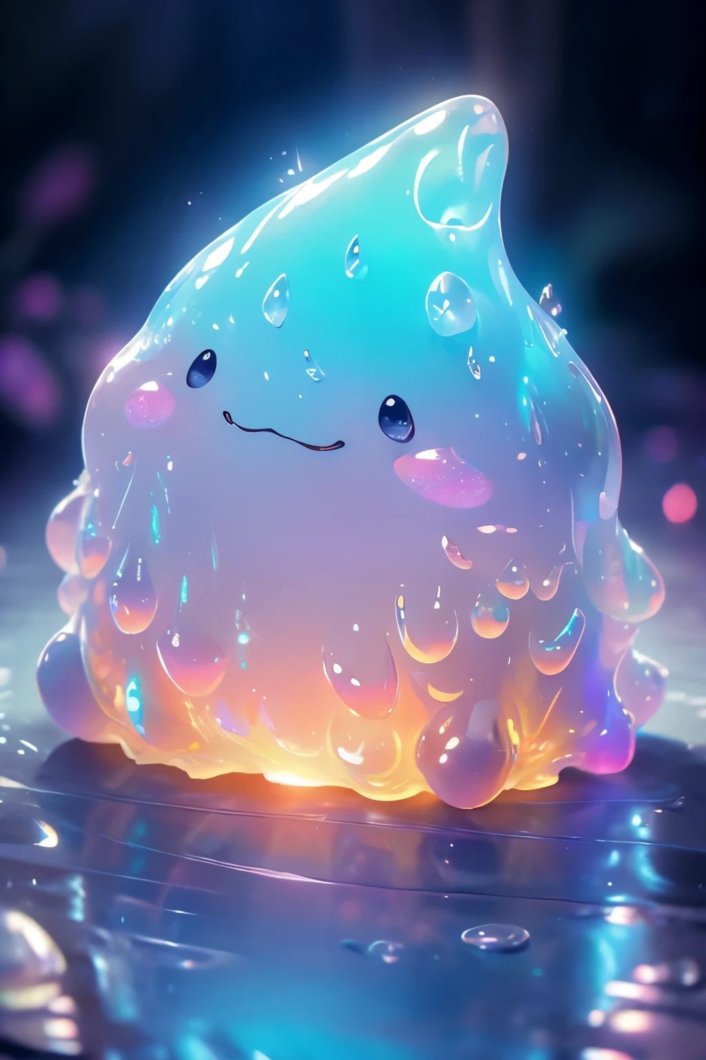 mister slime dice, cute slime character, slime dice, gelatin texture, translucent, iridescent, glowing, fantasy, whimsical, pastel colors, vibrant colors, 3D render, high-quality, detailed, glossy, gooey, squishy, playful, magical, surreal, (best quality,4k,8k,highres,masterpiece:1.2),ultra-detailed,(realistic,photorealistic,photo-realistic:1.37)