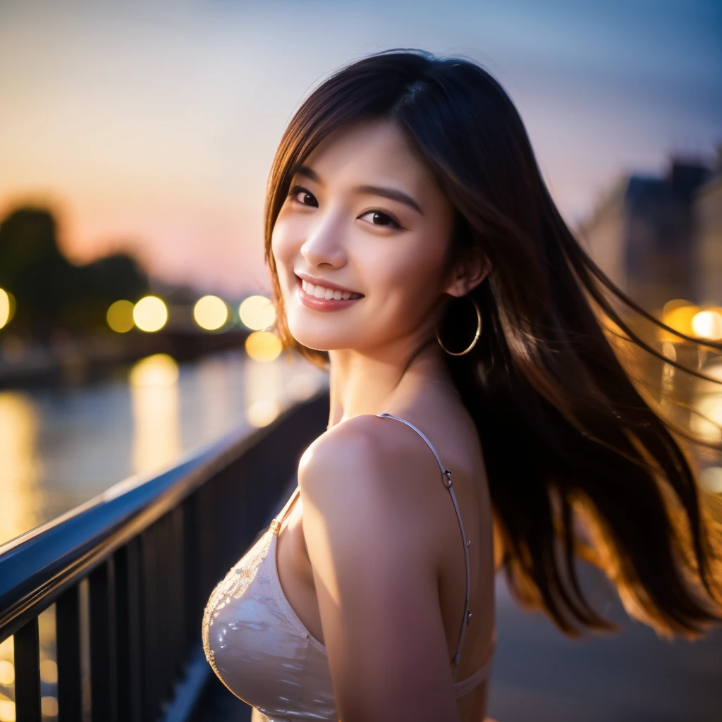 Hyperrealistic photography、highest quality, masterpiece, High definition, 16K quality, beautiful , Long hair fluttering in the wind、 明るい茶色のbeautiful目,  Wear a sexy camisole, Plump and large breasts, Smile、Cute Japanese idol face:1.24, She is looking at the camera,Cleavage:1.33,Walking through Paris at night、Walk along the Seine promenade、(Photograph the whole body:1.434),