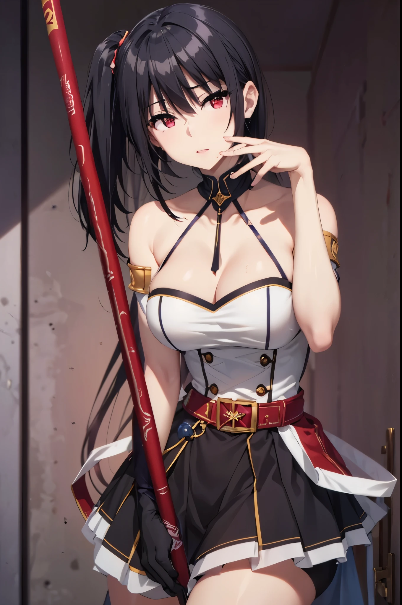 masterpiece, highest quality, High resolution　Magical Cavalry Akane Ryuzoji、Puff sleeve shoulder、Pleated skirt、Bridal Gauntlet、Thigh-high stiletto boots、gloves、Red ribbon with brooch、Hair Clip、Hair Ribbon、Full Body Shot