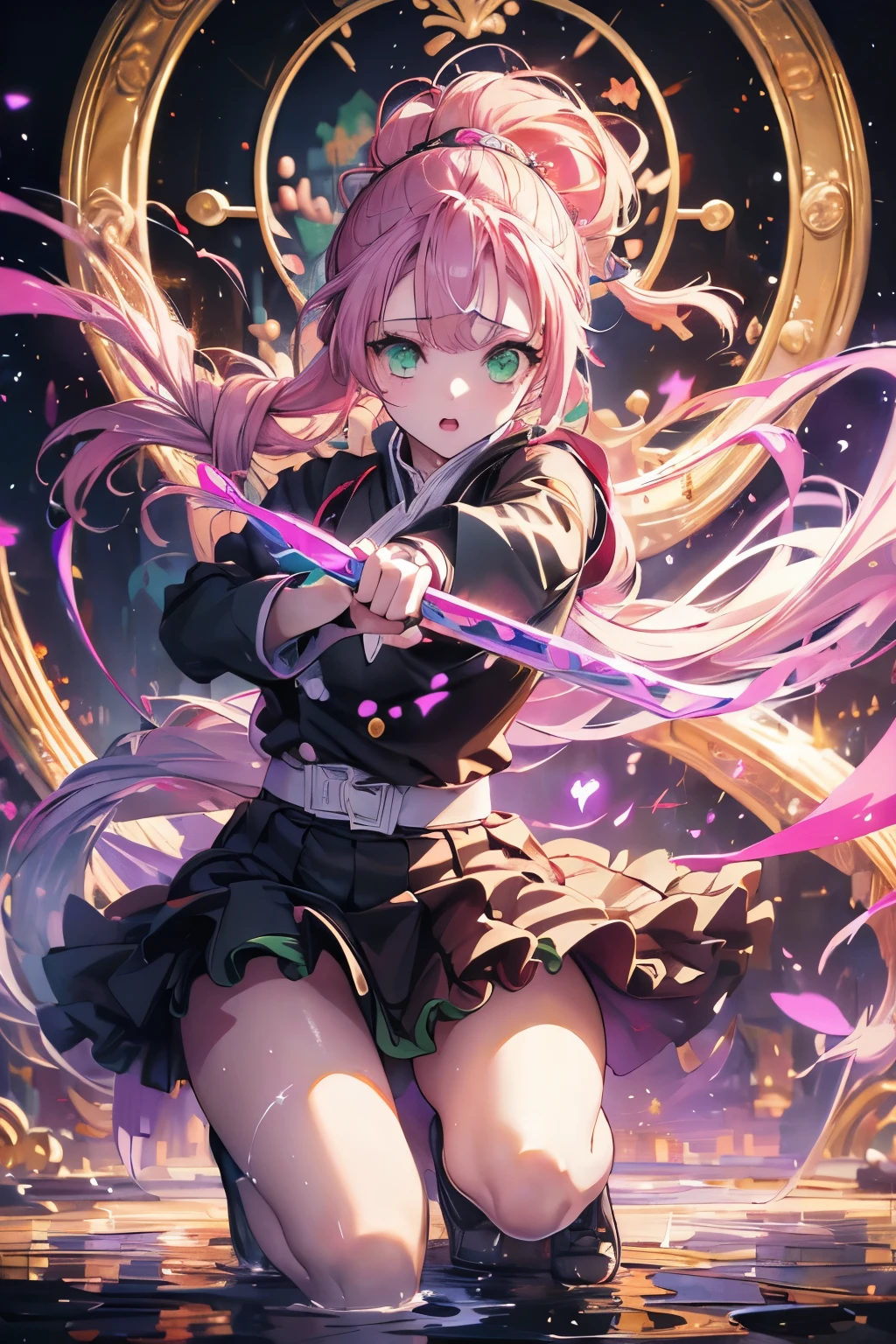 anime, Demon slayer, Kanroji Mitsuri, 先端が緑色のpinkの髪, Bright green eyes, black clothes that show the chest, Black Skirt, wear white cloth, night, An illustration with lots of colorful neon hearts on the background, pararel, pink, Whip-like sword, (((masterpiece:1.4))), (highest quality:1.4), (Ultra-high resolution:1.4), (highest quality:1.2), (Super detailed:1.3), Realistic:1.1